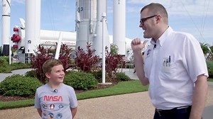 We just reopened our new Space Shop! As part of the celebration, we gave one lucky guest at Kennedy Space Center Visitor Complex an experience he won’t forget…free space swag, of course! Turns out, Alex is a huge space enthusiast. His dog’s name is Apollo and he built the LEGO Saturn V rocket in under four hours. Be sure to check out the video below! | Kennedy Space Center Visitor Complex