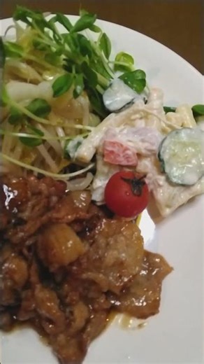 🌷豚肩ロース薄切り生姜焼き。🌷キャベツとモヤシ炒め、マカロニサラダ