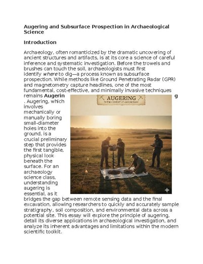 Augering & Subsurface in Archaeology Worksheet Classwork, Homework or Sub Plans