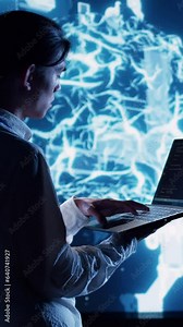 Vertical video System admin in data center running programming scripts on laptop, solving tasks. Certified developer manipulating lines of code for artificial intelligence applications development