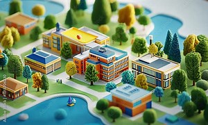 Miniature Model of a Cityscape with Buildings and Trees