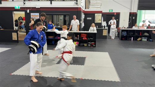 2 of our Karate Kid Level 3 Students showing some hard work and competitive spirit with a fun karate workout race! Look at these firecrackers go! | Guy's Karate School