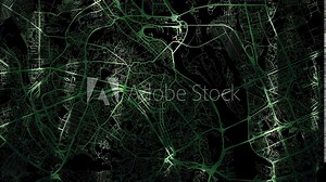 Zoom in road map of Kiev Ukraine with green glowing roads on a black background.