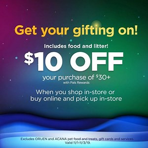 Get your gifting on! Enjoy $10 off of your purchase of $30 or more. 11/1-11/3. Exclusions Apply. Coupon: http://bit.ly/2N8ZnUF | Petco