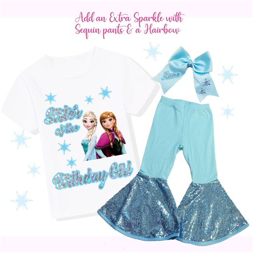 Frozen Birthday Girl Outfit Set, Custom Elsa Shirt, Frozen Anna, Sequin Bellbottoms Pants, Hairbow - Etsy