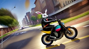 Easter bunny on a motorcycle riding along the road