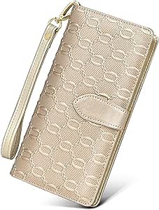 EUNI Cow Split Leather Clutch Wallets for Women, Ladies Bifold Wallets Large Wallets Phone Case Purses with Wristlet Card Holder Gift Box Packaging (Gold)