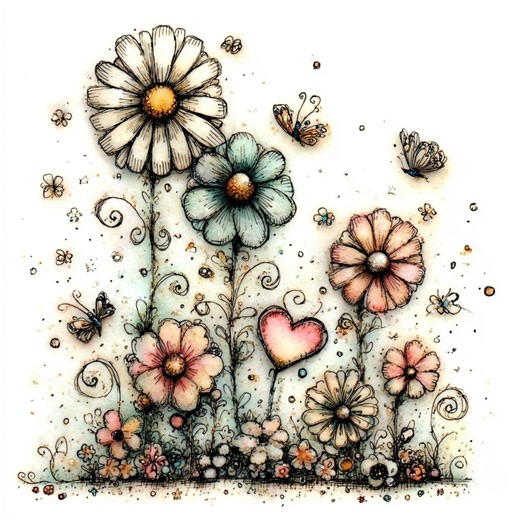 Whimsical Daisy Garden CLIPART, Sketch Style Flowers With Heart Blooms, Pastel Wildflower Illustration, Butterfly Meadow Art - Etsy