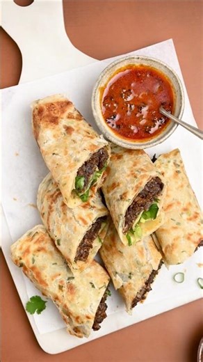 Scallion pancake teriyaki beef rolls. recipe link in description. #taiwanesefood
