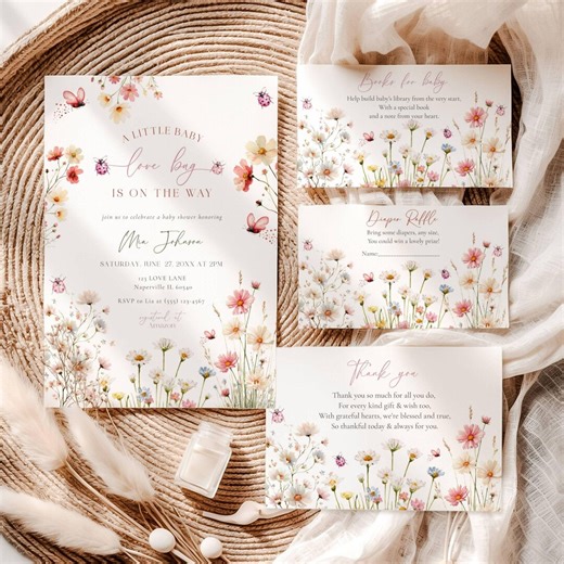 Love Bug Baby Shower Invitation Bundle, Ladybug Baby Shower Invite Template, Floral Girl Invite, Editable Canva - Etsy