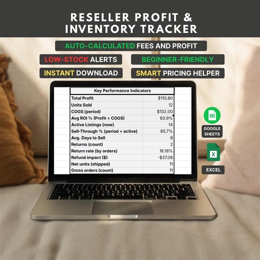 Reseller Inventory & Profit Tracker Spreadsheet for Online Sellers (google Sheets and Excel) - Etsy