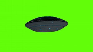 Download UFO flying round spaceship flying with turbulence seen from front against green background. 3D animation for free