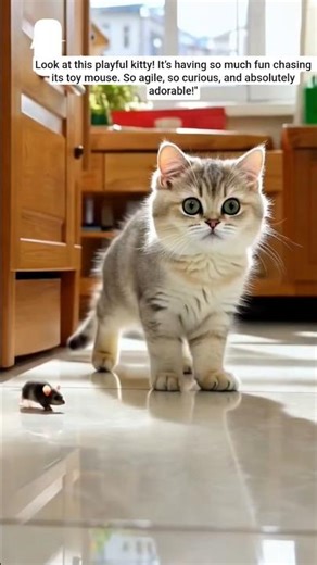 "This cute cat is having so much fun playing with its toy mouse. Its moves are so agile and funny!"