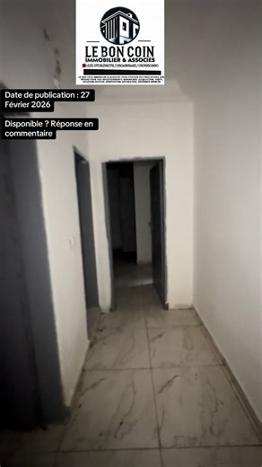 À louer ( disponible ) Studio disponible au 2ᵉ étage, situé à Yopougon Niangon Académie, non loin de la Cité Marine. Loyer : 70 000 FCFA Intéressé(e) ? Contactez-nous dès maintenant pour plus d'informations ou pour organiser une visite ! ☎️• Téléphone : 07 08 21 80 78 ☎️• WhatsApp : 05 04 19 54 83 ☎️• Autre numéro : 01 01 95 08 90 Rejoignez-nous sur Telegram pour plus d'offres : https:// t.me/le_bon_coin_immobilier