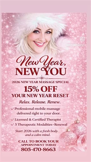 Happy New Year, Loves! ✨ Start 2026 relaxed, restored, and brand new with my 15% New Year Reset Massage Special.💖 I’m a licensed & certified therapist offering professional mobile massage with 5 therapeutic modalities. New Year, New You! Let’s make it a beautiful one. 📞 805-470-8663 Call or Text To Book You’re Fresh Start Today💫Blessings✨ #NewYearNewYou #FreshStart2026 #NewYearReset #MobileMassage #MassageTherapist TherapeuticMassage WellnessJourney RelaxAndUnwind MindBodySoul SelfCareMatters
