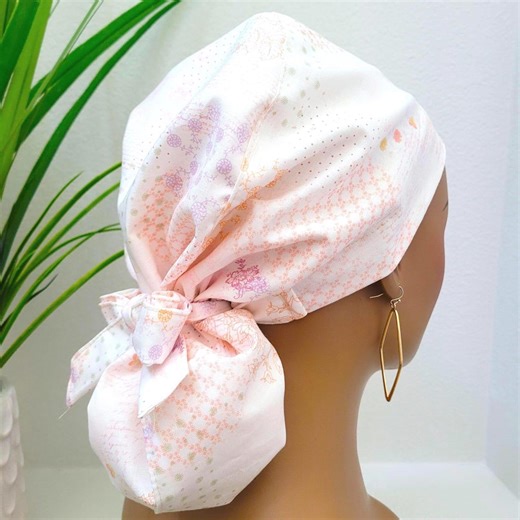 Floral Satin Lined Scrub Hat: Peach Purple Ponytail Cap Protect Hair with Satin Lined Scrub Cap