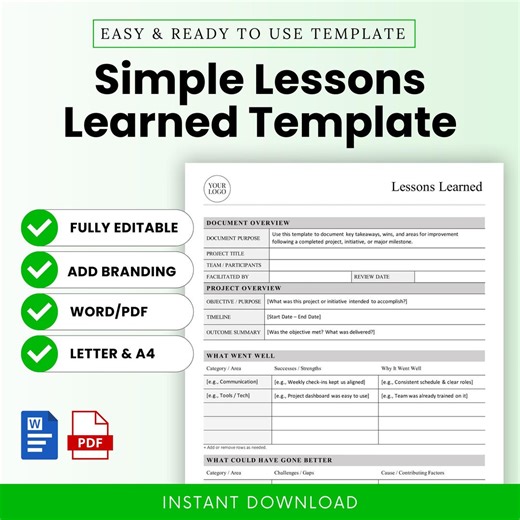Simple Lessons Learned Template – Word & PDF, A4 + US Letter - Etsy