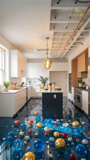 3D Color Balls Epoxy Floor Kitchen Transformation #EpoxyFloor #3DFlooring