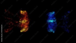 Colorful Particles Dust Collision Overlay 4K.Smoke Collision. Color Paint Drops. Iridescent background.Transition from two colors to artistic fusion.Curl in wavy pearly fluid in slow motion animation