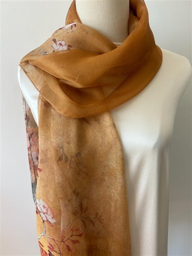 Mulberry Silk Chiffon Scarf: Floral Feather Print, Autumn Colors (69" X 43") - Etsy