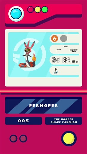 005 - Fernofer A hooded snake with a fire burning bright from ambition! The spikes on the side of Fernofer's body are believed to be what's left of the wings it once had. #legacyofthelowlands #fakemon #fanmaderegion #pokemondutch #FYP