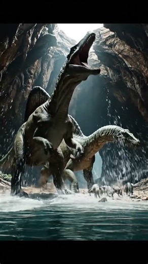 Gentle Sauropod vs a giant Spinosaurus emerging from the water in a Prehistoric World