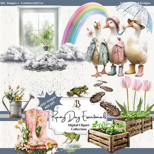 Rainy Day Clipart 130 PNG | Spring Rain Illustrations | Umbrella Boots Ducks Flowers Rain Puddles | Planner Stickers | Cute Weather Clipart - Etsy