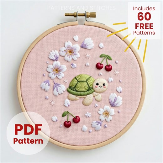 Floral Turtle Hand Embroidery Pattern, Spring Cherry Blossoms (PDF Pattern) - Etsy
