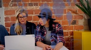 Animation Multiple Digital Icons Diverse Colleagues Discussing Laptop Office Computer