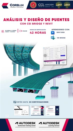 18 reactions | ¡Mejora tus habilidades en diseño y análisis de puentes! • Lunes, Miércoles y Viernes a las 8:00 p.m. - 9:30 p.m. • Aprende con CSI Bridge y Revit • Domina el modelado estructural BIM • 3 certificaciones internacionales incluidas ¿Qué te impide llevar tu carrera al siguiente nivel? Inscríbete ahora en nuestro curso online y sé un experto en ingeniería! | Corban Capacitación en Ingenieria | Facebook