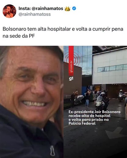 Andréia Matos on Instagram: "O ex-presidente Jair Bolsonaro (PL) recebeu alta hospitalar nesta quinta-feira (1º). Com isso, Bolsonaro volta para a Superintendência da Polícia Federal em Brasília, onde cumpre pena de 27 anos e 3 meses de prisão por tentativa de golpe. O ex-presidente foi levado em uma viatura da Polícia Federal do hospital para a sede regional da PF em Brasília, a 2km de distância. O trajeto durou seis minutos e o comboio entrou por uma portaria lateral. Bolsonaro foi internado n
