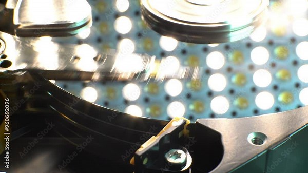 Close-up of an open hard drive undergoing a physical and mechanical diagnosis for data recovery