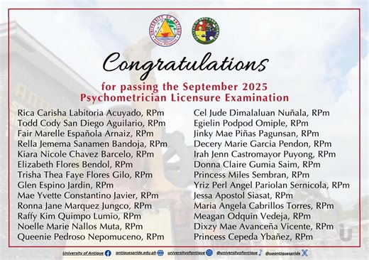 Congratulations to the 26 newly Registered Psychometrician from the College of Arts and Sciences who passed the September 2025 Psychometrician Licensure Examination. With 23 first-time takers and three (3) retakers composing the 26 passers from UA, the academe garnered an impressive 74.19% passing rate for first timers and 66.67% overall performance. Congratulations, our RPms! The whole Kasubay community is beaming with pride over your accomplishments. - Follow us on Instagram: https://instagram