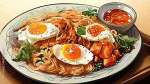 Traditional japanese udon noodle bowl with crispy fried tofu, meatballs, wakame seaweed and onion