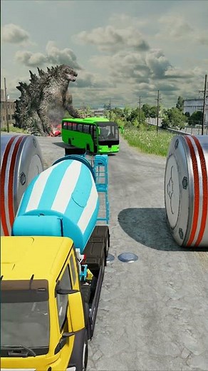 Mixed Colours Cement Truck & Long City Buses vs Hydraulic Crush - BeamNG.Drive #shorts