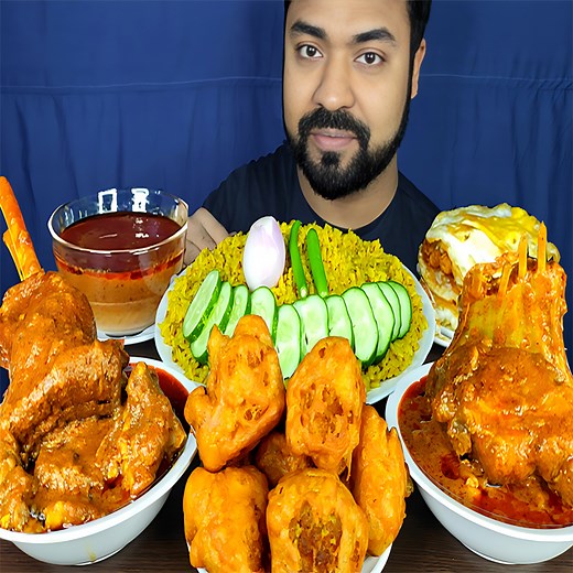 Spicy Mutton Curry, Mutton Leg Piece, Pakora, Fried Eggs, Bhuna Khichuri, Gravy, Salad, Green Chili MUKBANG ASMR Eating Show || 😋 | Live To EATT
