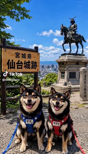 宮城県・仙台城跡を黒柴2匹とお散歩🐕🐕 伊達政宗公騎馬像と、仙台の街を見渡す高台の景色を楽しみながら歩きます。 #宮城県 #仙台城跡 #仙台観光 #黒柴 #犬とお出かけ