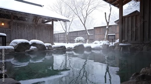 Outdoor hot spring steaming in winter. Traditional Japanese onsen at snow. Relaxation, wellness, and travel destination concept.