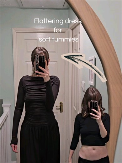 Master of disguise! Dress link on my LTK ✨️ The ruched bodice camouflages my soft tummy and the dropped waist creates volume in my hips making my waist appear smaller! #creatorsearchinsights #figure8bodyshape