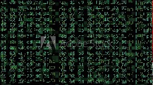 close up view of encrypted text scrolling on screen, concept of hacker attack or virus or alien messages