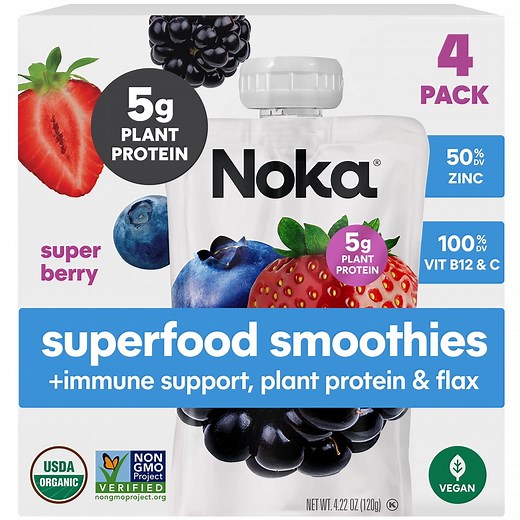 Noka Organic Superfood Smoothie Pouches, Plant Protein, Super Berry, 4.22oz, 4 Pack