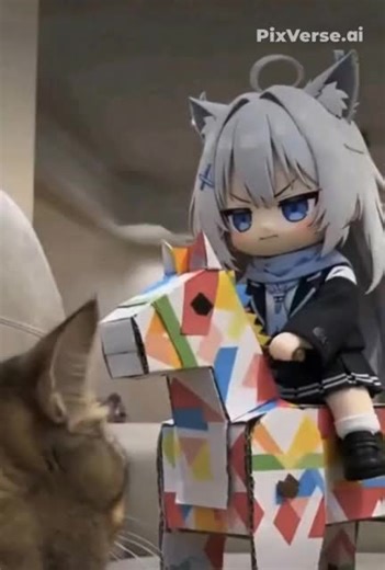 Shirokoai: Cute Cat Playing with Paper Horse