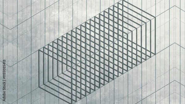 Digital loop animation with transforming contours of rectangles forming a dynamic pattern. Light textured background adds depth, while minimalist style emphasizes optical illusion. 3d rendering 4K