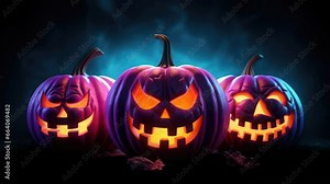 Looping 4K animated video. Scary glowing jack-o-lantern eyes. Wonderful Halloween loop animation. Pumpkin face. Creep Muzzle. Blue smoke. The concept of holiday, fear, horror, harvest. Generative AI Stock Video