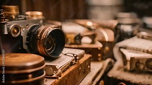 antique devices on the table, retro objects including old camera