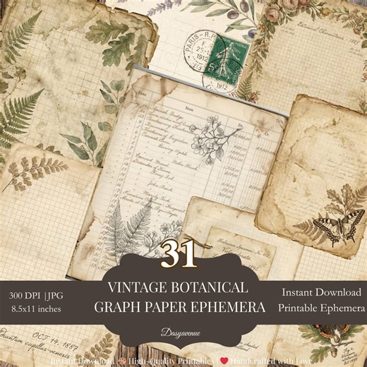 Vintage Botanical Graph Paper Pack, Antique Ephemera Backgrounds, Junk Journal Pages, Printable Neutral Aged Paper, 31 Sheets - Etsy