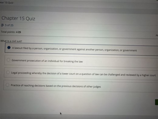What is a civil suit?  A. A lawsuit filed by a person, organiza... | Filo