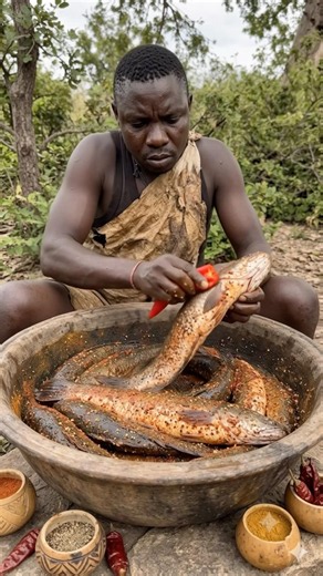 Hadzabe tribe bushman making roast pepper fish in the wild