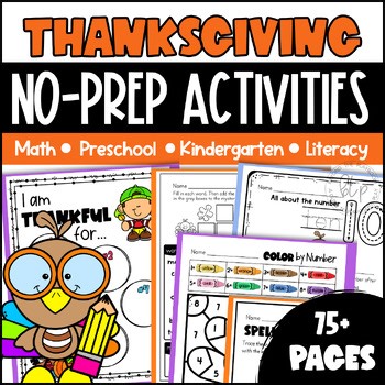Thanksgiving No Prep Literacy & Math Activity Pages - Preschool & Kindergarten