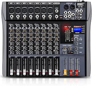 Pro DJ Mixer 8-Channel Audio Console - Bluetooth/USB Streaming, 48V Phantom Power, 3-Band EQ for Live Stage, Recording Studio & Karaoke Systems (CT-8)